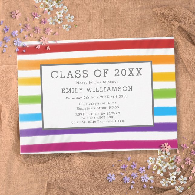 Convite Festa de Graduação com Listras de Arco-Íris em Aqu (Modern Rainbow Stripes Watercolor Graduation Party Invitation)