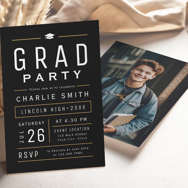 Convite Festa de Graduação com Tipografia Simples Moderna  (Black Modern Simple Typography Graduation Party Invitation)