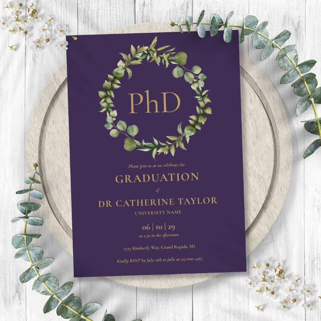 Convite Festa de Graduação com Véu Roxo de Doutorado (PhD Degree Purple Garland Graduation Party Invitation)