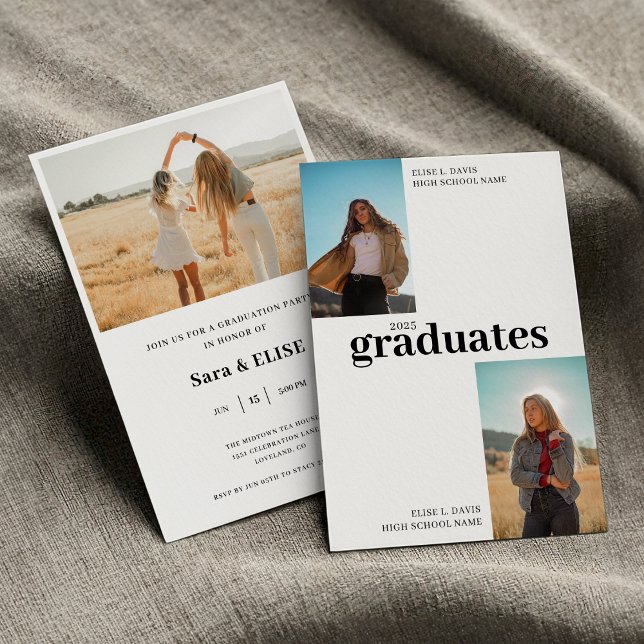 Convite Festa de Graduação Conjunta Moderna, Celebre Dois  (Modern Joint Graduation Party Invitation – Celebrate Two Grads, Class of 2025)