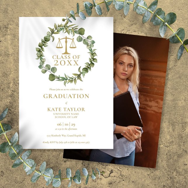 Convite Festa de Graduação da Faculdade de Direito com Gri (Elegant Garland Photo Law School Graduation Party Invitation)