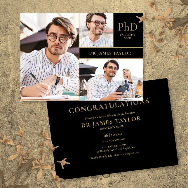 Convite Festa de Graduação de Doutorado Gold Black PhD Gra (Gold Black PhD Degree 3 Photo Graduation Party Invitation)