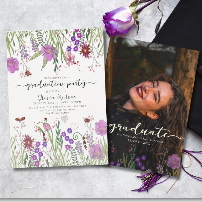 Convite Festa de Graduação de Flores Silvestres em Aquarel (Elegant Watercolor Wildflowers Graduation Party Invitation)