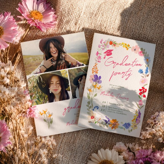 Convite Festa de Graduação de Fotos Florais Boho Wildflowe (Boho Wildflowers Floral 3 Photo Graduation Party Invitation)