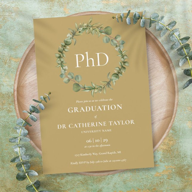 Convite Festa de Graduação de Garlanda Dourada de Doutorad (PhD Degree Gold Garland Graduation Party Invitation)