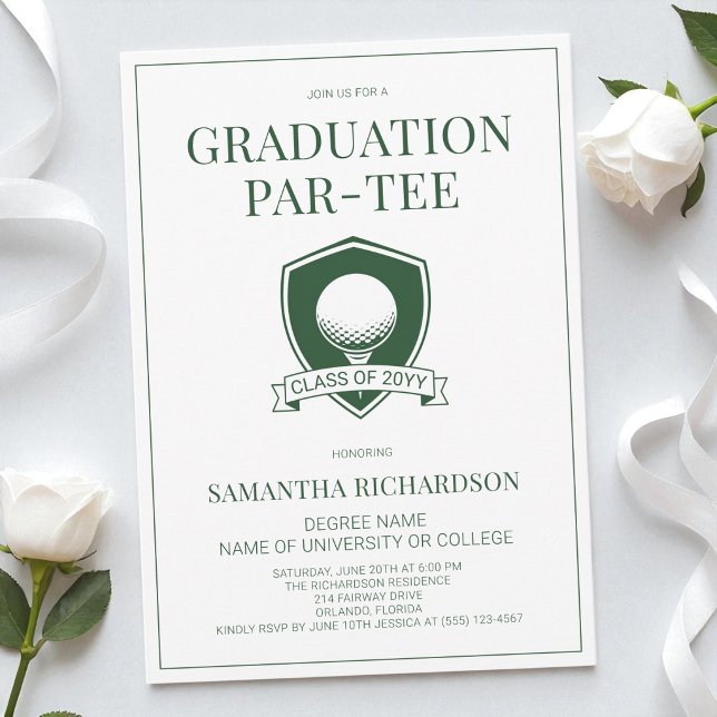 Convite Festa de Graduação de Golfe Elegante Verde e Branc (Modern Green & White Elegant Golf Graduation Party Invitation)