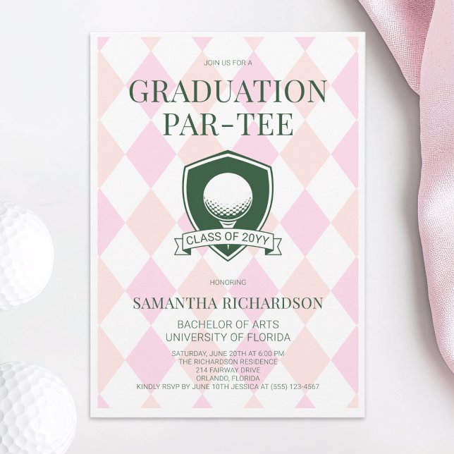 Convite Festa de Graduação de Golfe Préppy Rosa e Verde Mo (Modern Pink and Green Preppy Golf Graduation Party Invitation)
