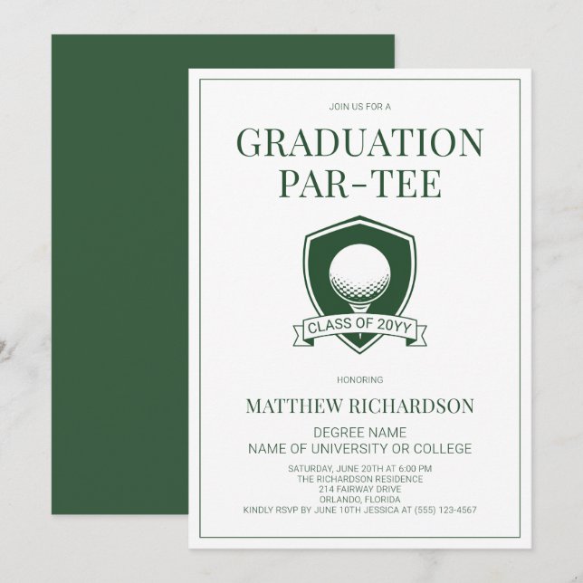 Convite Festa de Graduação de Golfe Simples Verde e Branco (Frente/Verso)