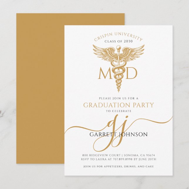 Convite Festa de Graduação de Médico MD Moderno a Ouro (Frente/Verso)