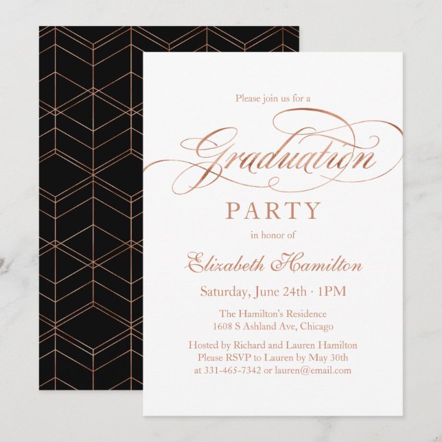 Convite Festa de Graduação Dourado Rosa Elegante Script Fo (Frente/Verso)