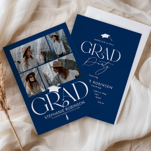 Convite Festa de Graduação Elegante Azul e Branco com 4 Fo