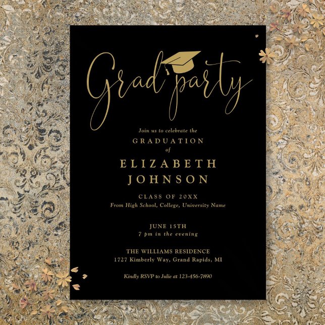 Convite Festa de Graduação em Preto e Dourado Roteiro Grad (Black And Gold Grad Party Script Graduation Invitation)