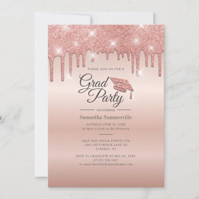 Convite Festa de Graduação Grad 2026 Brilho Dourado Rosa (Frente)