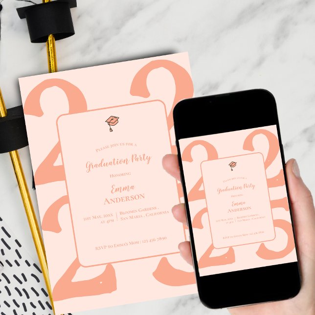 Convite Festa de Graduação Minimal Peach (Elegant Minimalist Class of 2025 Graduation Party Invitation)