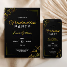 Festa de Graduação Moderna e Elegante Preto e Dour