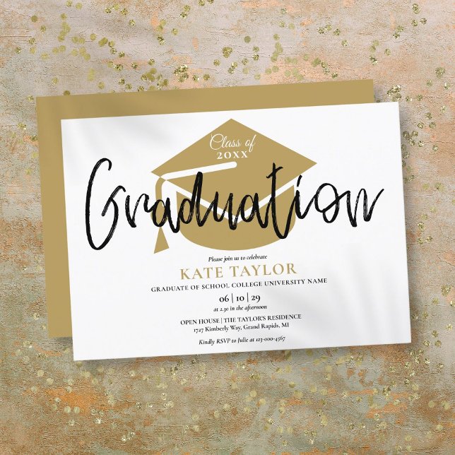 Convite Festa de Graduação Moderna e Simples com Toca Dour (Modern Simple Gold Cap Graduation Party Invitation)
