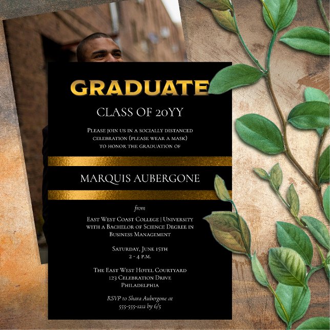 Convite Festa de Graduação Ouro | Faculdade Univ Preto | S (Sleek College or University Black and Gold Tone Graduation Party Invitation - Print | Download)