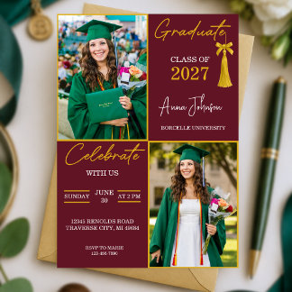 Convite Festa de Graduação Personalizada Burgundy & Gold c