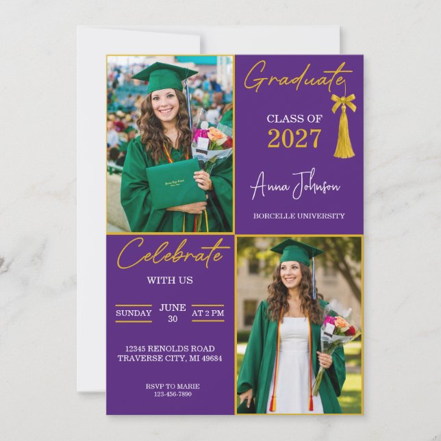 Convite Festa de Graduação Personalizada Roxo e Dourado co (Frente)