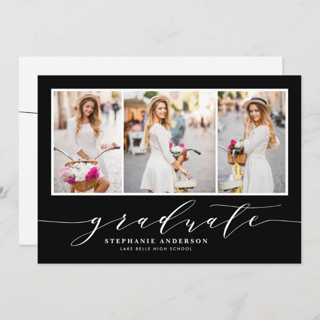 Convite Festa de Graduação Preto Foto Três Script Delicado (Frente/Verso)