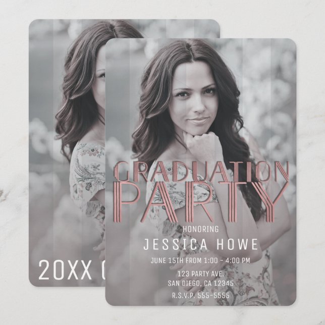 Convite Festa de Graduação Rosa Cinza Moderno Foto de Grad (Frente/Verso)