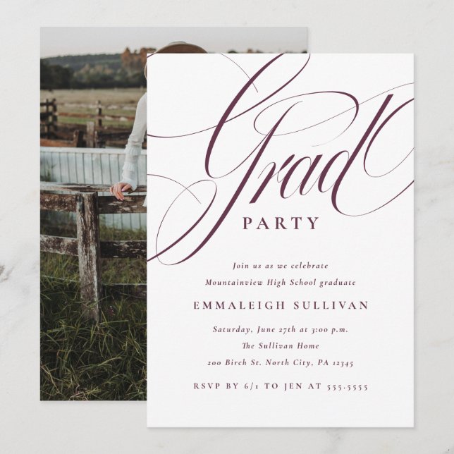 Convite Festa de Graduação Roxa com Script Chique (Frente/Verso)