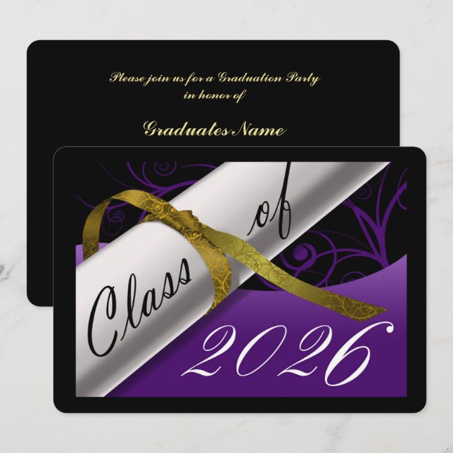 Convite Festa de Graduação Roxo e Dourado (Frente/Verso)