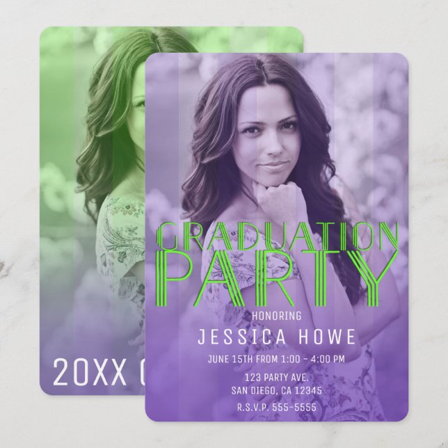 Convite Festa de Graduação Verde Lima Roxo Foto de Graduad (Frente/Verso)
