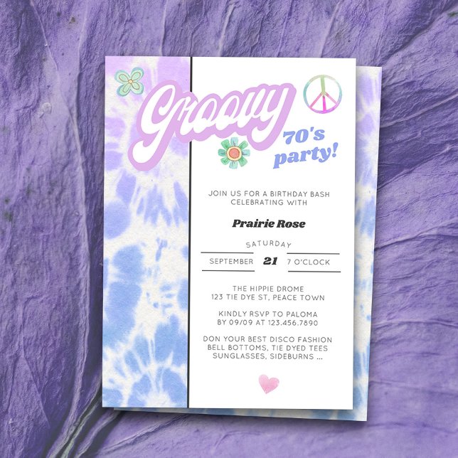 Convite Festa de Groovy 70 Pastel Tie Dye Aniversário (Groovy 70's Birthday Party Invitation for anyone of any age with vintage retro tie dye style)