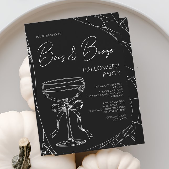 Convite Festa de Halloween adulta com Boos e Bebida com Ro (Boos and Booze Black Script Adult Halloween Party Invitation)