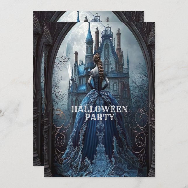 Convite Festa de Halloween Assombrada Casa Azul Noite Assu (Frente/Verso)
