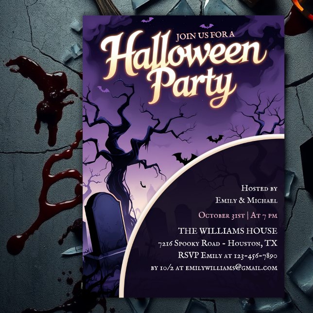 Convite Festa de Halloween Assustadora no Cemitério Assomb (Scary Graveyard Spooky Halloween Party Invitation with Purple Night Sky)