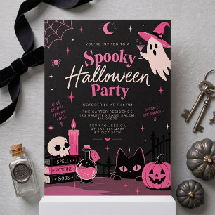 Convite Festa de Halloween Assustadora Rosa Fofa e Bruxa