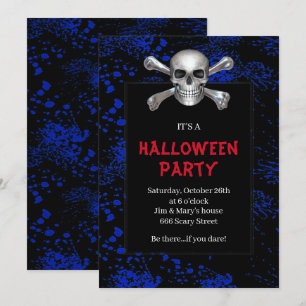 Convite Festa de Halloween Azul com Caveira e Ossos Cruzad