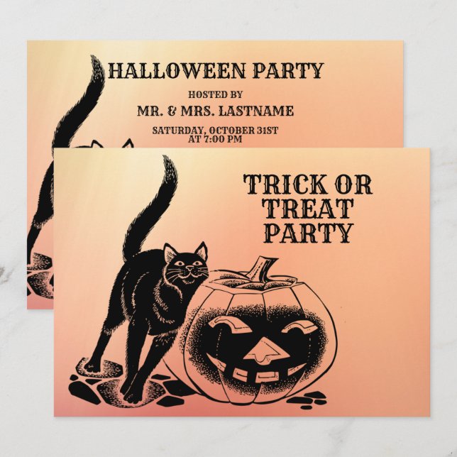 Convite Festa de Halloween Black Cat Pumpkin Orange Scary (Frente/Verso)