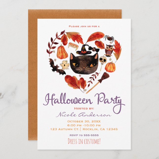 Convite Festa de Halloween Black Cat Watercolor (Frente/Verso)