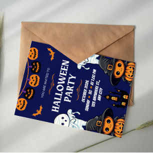 Convite Festa de Halloween Boo com Abóbora Azul e Laranja