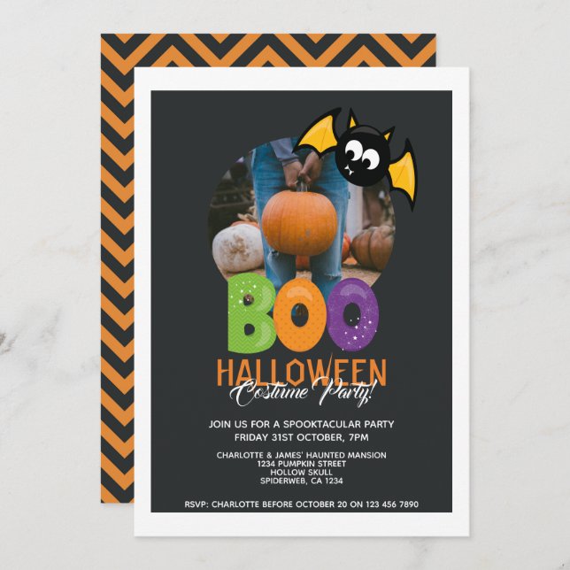 Convite Festa De Halloween Boo E Bat Personalizados (Frente/Verso)