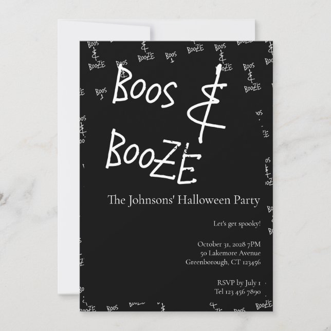 Convite Festa de Halloween Boos e Bebida Preta e Branca (Frente)