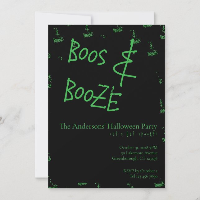 Convite Festa de Halloween Boos e Bebidas Verde Preto (Frente)