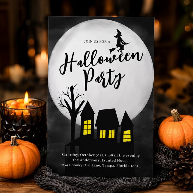 Convite Festa de Halloween Casa Assombrada Assustadora  (Elegant Halloween party invitation for a spooky haunted house celebration.)