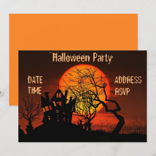 Convite Festa de Halloween Casa assombrada, preto e laranj