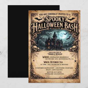 Convite Festa de Halloween Casa Assombrada Vintage Morcego