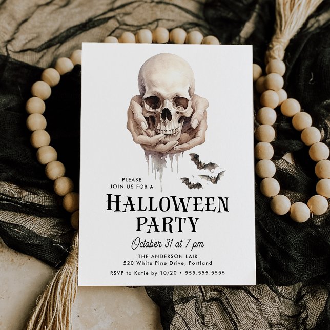 Convite Festa de Halloween Caveira Assustadora nas Mãos (Criador carregado)