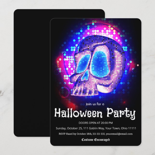 Convite Festa de Halloween Caveira Disco Retro Neon (Frente/Verso)