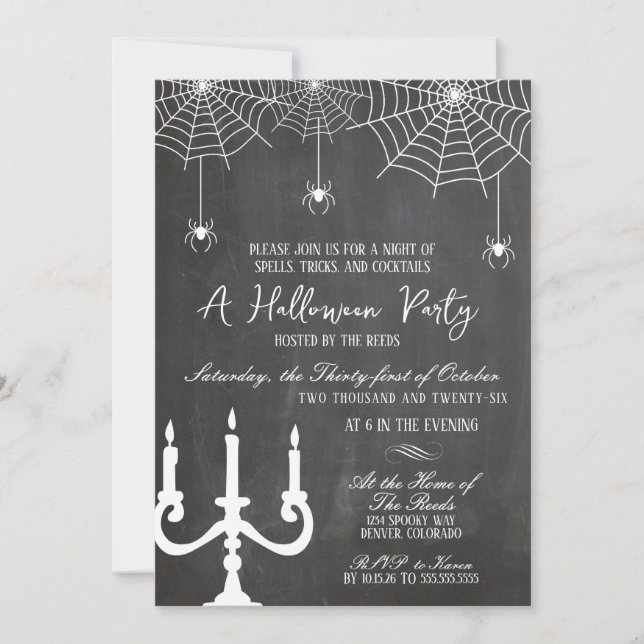 Convite Festa de Halloween com Aranha em Quadro Negro Vint (Frente)