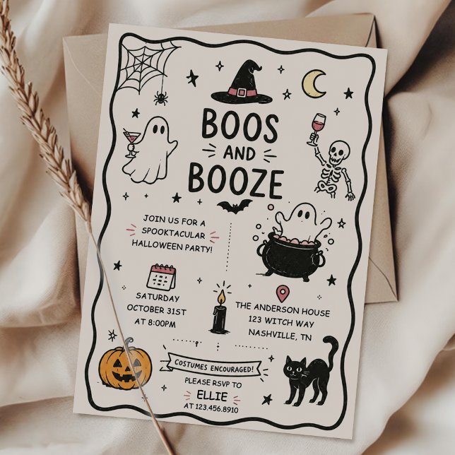 Convite Festa de Halloween com Boos e Bebidas Desenhadas à (Criador carregado)