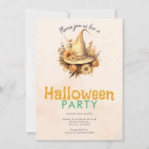 Convite Festa de Halloween com Chapéu de Bruxa Boho Bonito