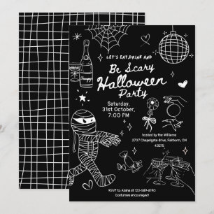 Convite Festa de Halloween com Desenhos à Mão em Preto e B