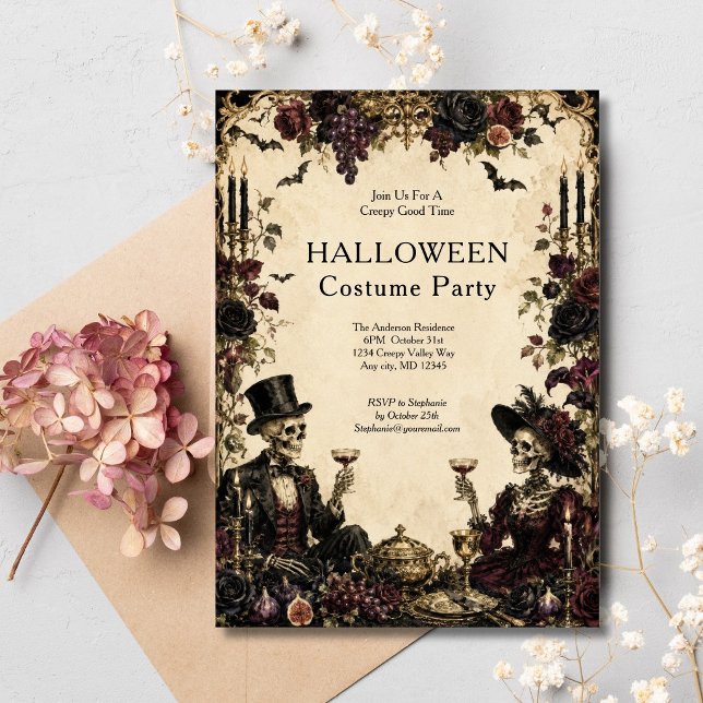 Convite Festa de Halloween com Esqueletos Góticos Vintage (Gothic Vintage Skeletons Halloween Dinner Costume party invitation)